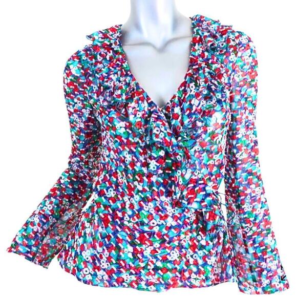 Saloni Women's Size 4 Silk Blend Iman Red + Blue Ruffled Wrap Blouse NWT - Picture 7 of 14